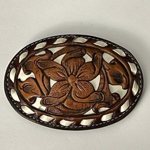 Vintage Tony Lama Flower Carved Leather Belt Buckle Made In USA.